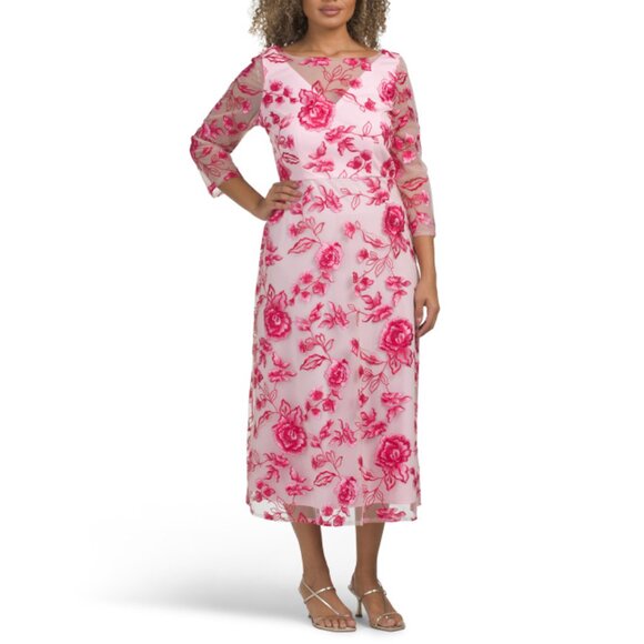 sachin and babi light blue dress JS COLLECTIONS Rose Shadow Three-quarter Sleeve Floral Cocktail Dress